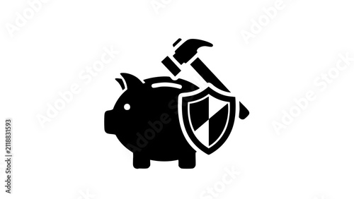 Financial Protection Icon with Piggy Bank Hammer and Shield Silhouette