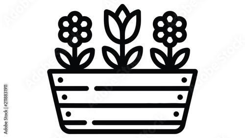 wooden flower planter box with blooming plants outline icon gardening and home decor line vector illustration isolated on white background