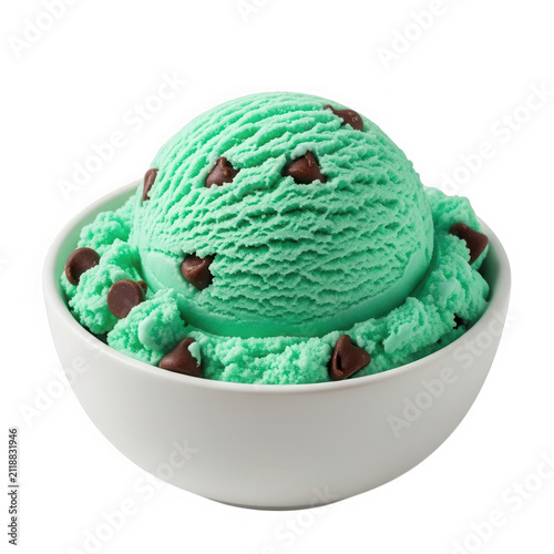 A single scoop of mint chocolate chip ice cream in a small bowl isolated on transparent background