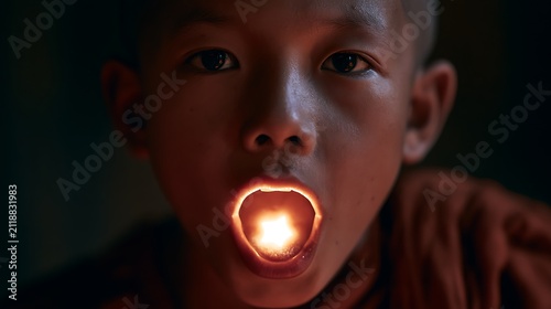 Prompt: A close-up portrait of a young monk with his mouth slightly open, revealing a soft, brilliant white star core resting on his tongue, illuminating his throat from the inside. Shot on 