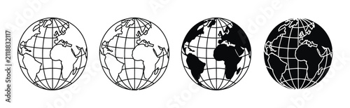 Obraz na płótnie Conjunto de cuatro globos terráqueos en blanco y negro con diferentes estilos de