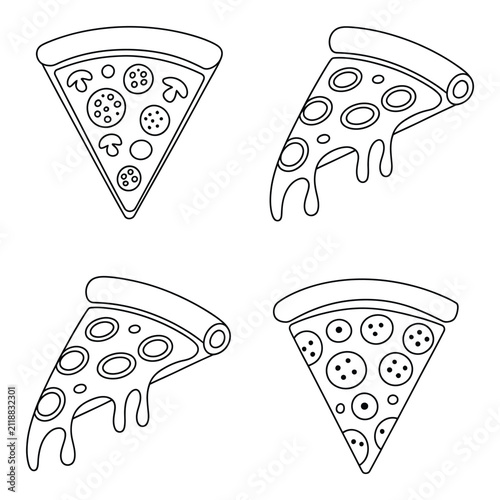 Conjunto de cuatro rebanadas de pizza dibujadas a mano con diferentes ingredientes