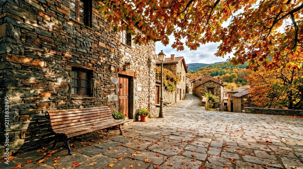 Obraz premium Rustic Stone Village Street With Autumn Bench and Cobblestone Pathway
