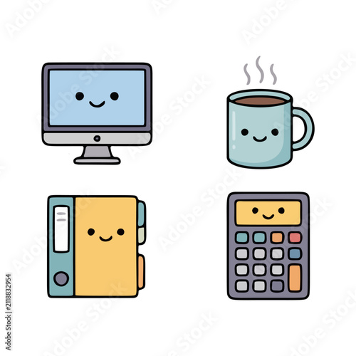 Cute kawaii computer, coffee mug, file folder and calculator vector icon set