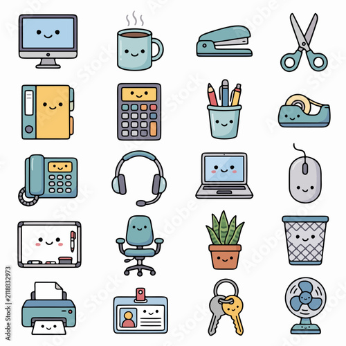 Cute kawaii office supplies and workspace items flat vector icon set