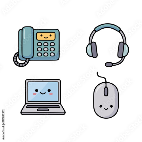 Cute kawaii office telephone, headset, laptop and computer mouse vector icon set