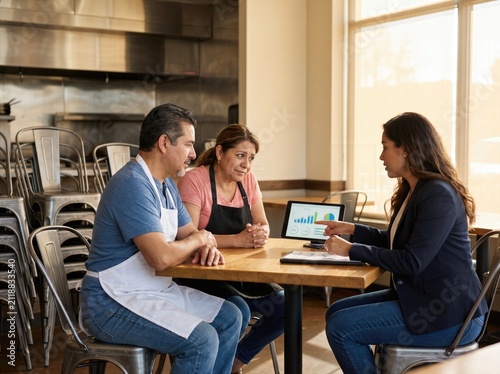 Financial advisor, bank manager, investment consultant insurance broker explaining financial plan to client or couple, discussing savings, loan, mortgage, investment, retirement, insurance