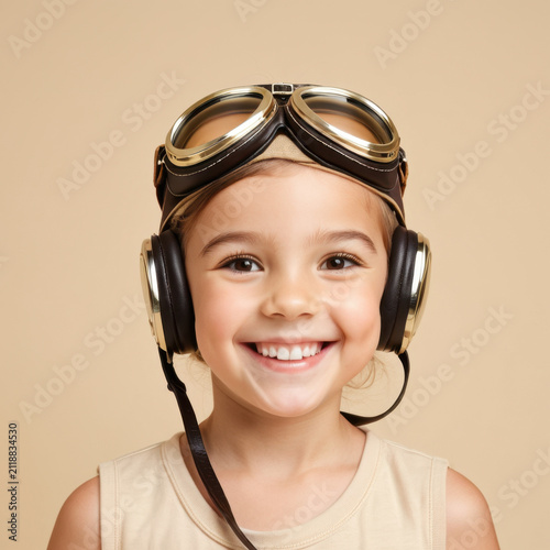 Cute little  pilot uniform and hat smiling against a blue background.