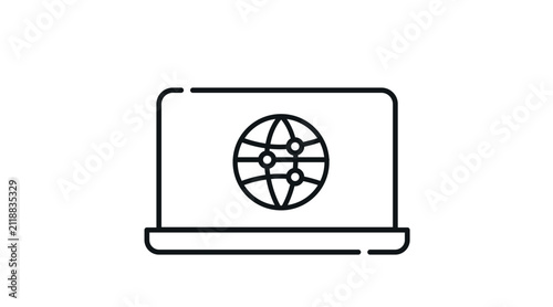 Laptop with network connection symbol on screen vector icon. Black line art style on white background. Mobile computer networking, remote internet connection, and digital infrastructure concept.