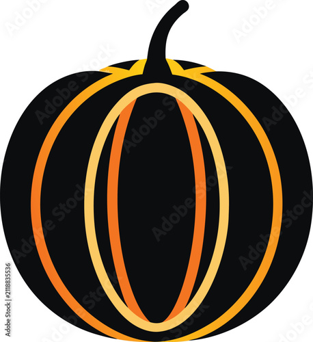 Black and orange pumpkin graphic with vertical stripes for halloween celebration seasonal autumn decor element festive harvest holiday.