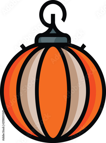 Hanging pumpkin lantern with glowing light effect, festive outdoor decoration for Halloween night.