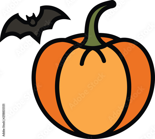 Orange pumpkin with black bat sticker for halloween festive decoration autumn harvest vegetable spooky animal flying over seasonal fruit.