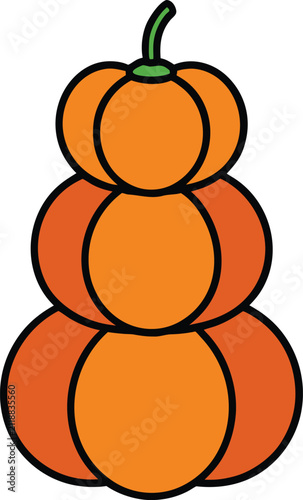 Stack of three pumpkins in different sizes, whimsical decoration for autumn and Halloween.
