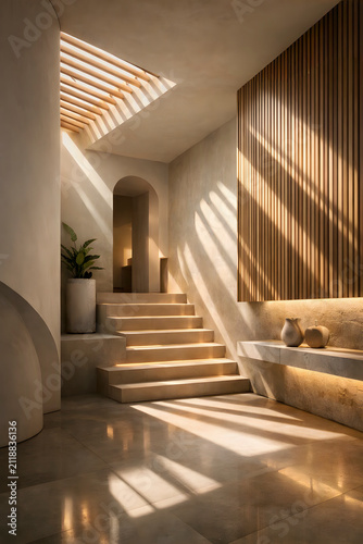 Modern Minimalist Interior Design with Concrete Stairs and Warm Slatted Wood Wall Panel in Sunlight
