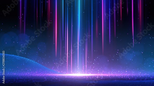 Cyber space background design with luminous vertical rays, soft bokeh circles, and bent mesh grid overlay
