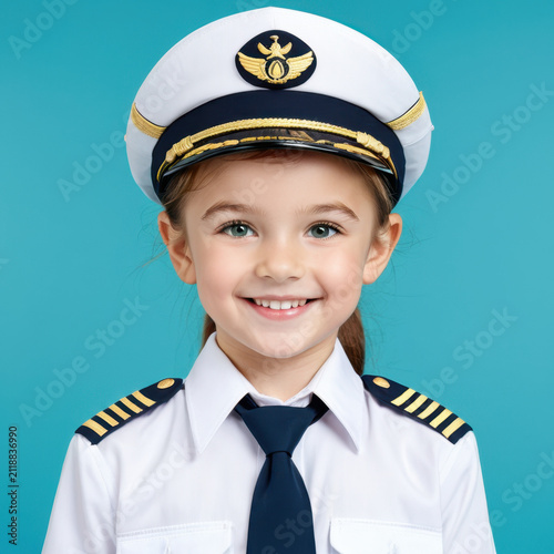 Cute little girl in pilot uniform and hat smiling against a blue background.