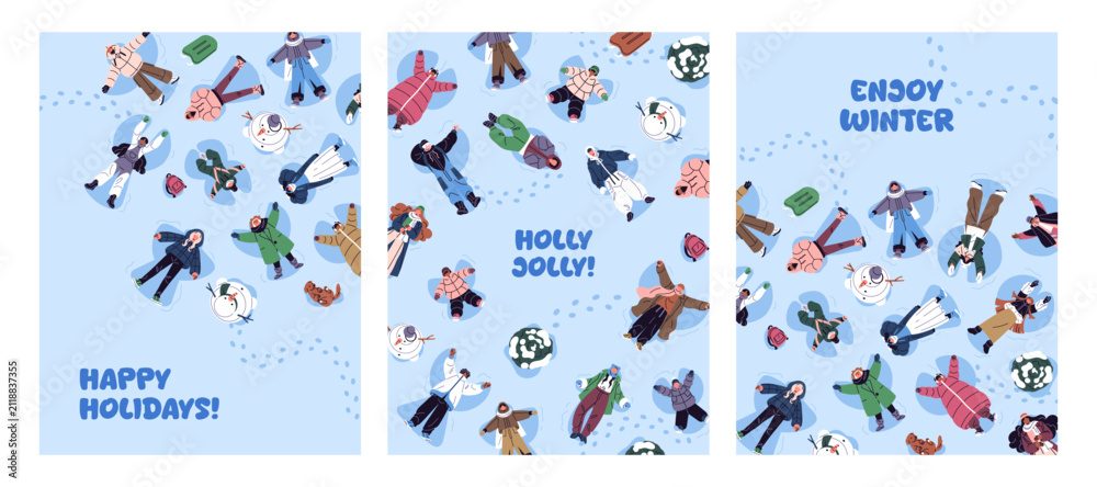 Obraz premium Merry Christmas and Happy New Year postcards designs set. Greeting cards with people lying in the snow and making snow angels top view. Festive layouts for winter holidays. Flat vector illustrations