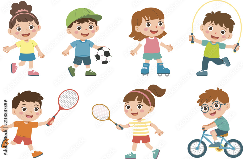 Fototapeta premium Active children character set playing sports, running, jumping rope and riding bicycle vector illustration