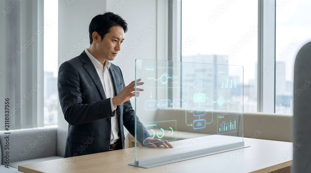Fototapeta premium professional executive reviewing workflow automation metrics on digital glass dashboard, minimalist corporate workspace