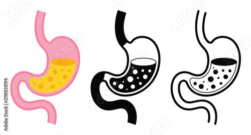 Conjunto de imágenes del estómago humano que representan la digestión y la salud