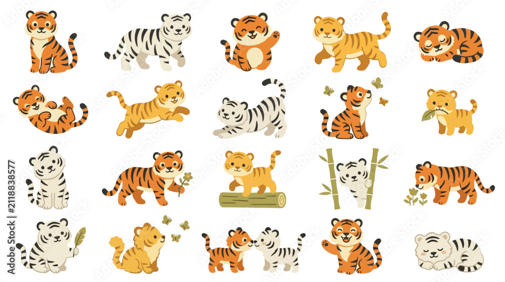 Obraz premium Collection of cute cartoon tiger cubs in various poses and activities.