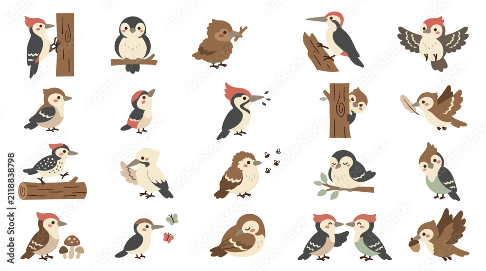 Obraz premium Set of cute cartoon woodpecker birds in various poses and activities isolated on white background.
