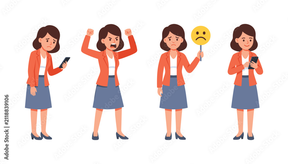 Obraz premium Business woman expressing different emotions and feedback including anger sadness satisfaction holding phone and sad emoji face sign vector