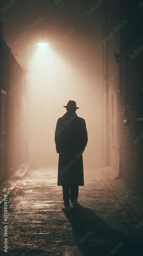 Obraz premium A silhouette of a man wearing a hat and a long coat walks down a dark narrow alleyway illuminated by a single street light in the fog