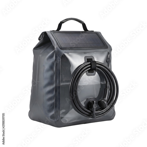 Portable solar powered shower bag with hose isolated on transparent background