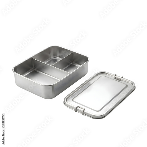 Stainless steel bento box with compartments and lid isolated on transparent background