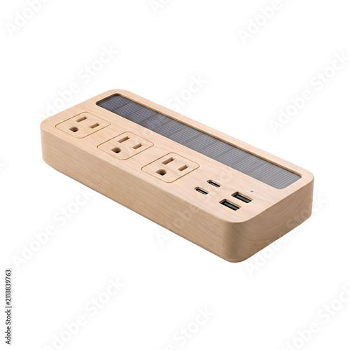 Wooden solar power bank with usb ports and ac outlets isolated on transparent background