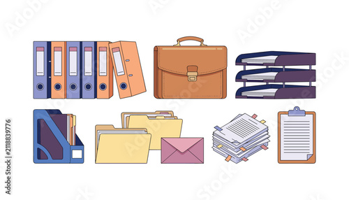 Business office documentation and archive vector set featuring ring binders folders briefcase paper trays envelope clipboard and document stack illustration
