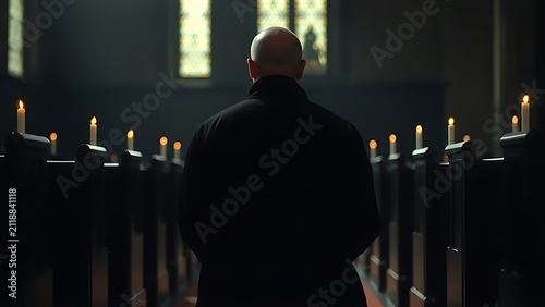 Solitary figure in black cassock kneeling in dim church.