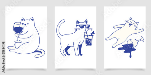 Funny drunk cat drinking wine and cocktail linocut style vector set.