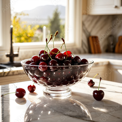 Fresh ripe dark sweet cherries composition in different concepts and styles.