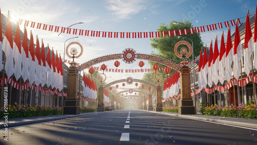 Indonesian Independence Day Celebration Street with Red and White Flags