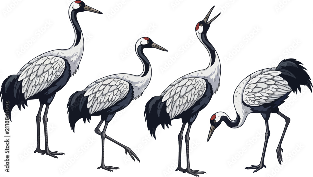 Obraz premium vector illustration clipart of stork with 4 poses semi realistic art style 02