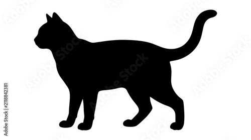 Halloween. A black cat silhouette stands with its tail raised, facing right on a plain white background, embodying grace and mystery.
