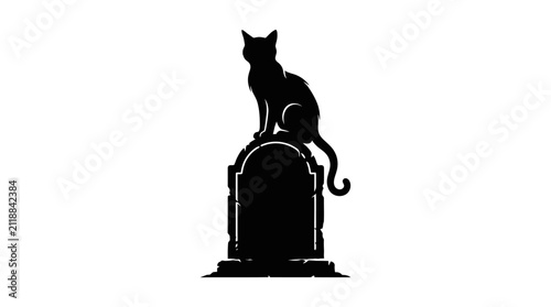 Helloween Black cat silhouette sitting on tombstone, spooky halloween graveyard feline vector, gothic cemetery headstone with mysterious cat icon vector