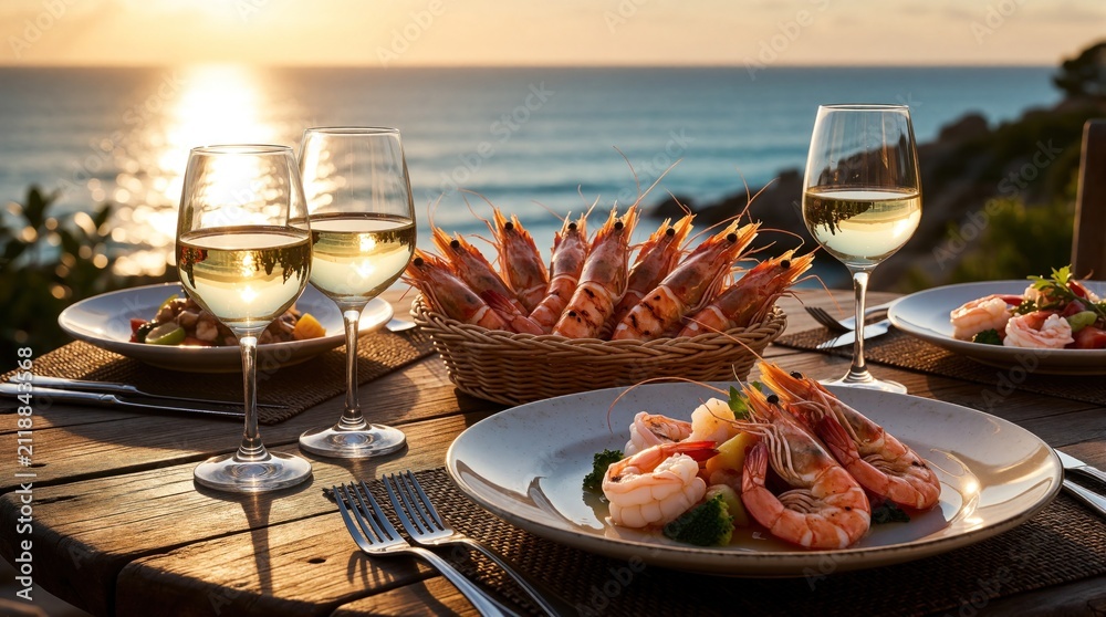 Obraz premium Table set for romantic seaside dinner with grilled prawns and white wine as sun sets over the ocean. Couple enjoys gourmet meal on balcony overlooking sea. Vacation dining experience.