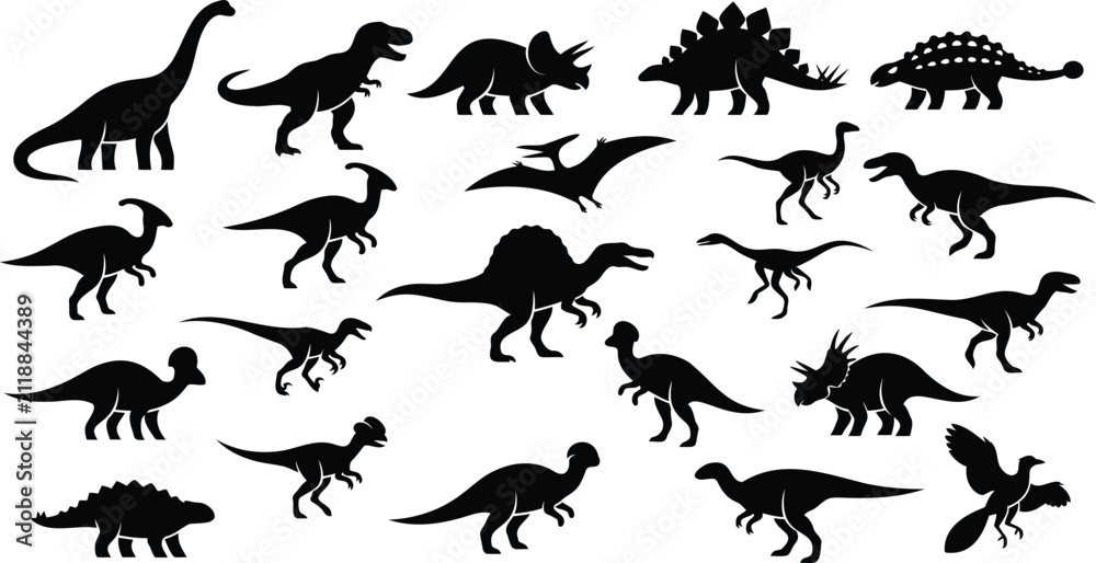 Obraz premium Set of black dinosaur silhouettes collection