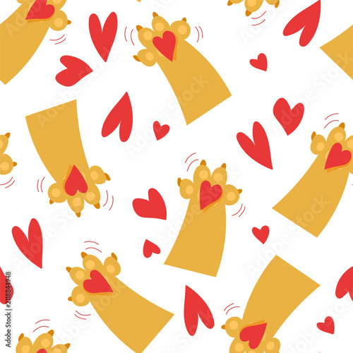 Seamless Orange Cat Paw Pattern with Hearts on White Background for International Cat Day