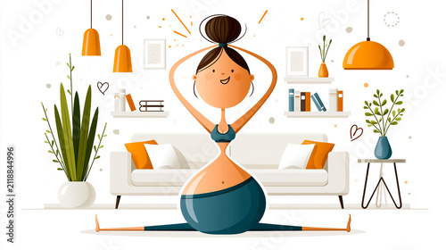 Cute cartoon girl in yoga pose, in the living room flat design illustration