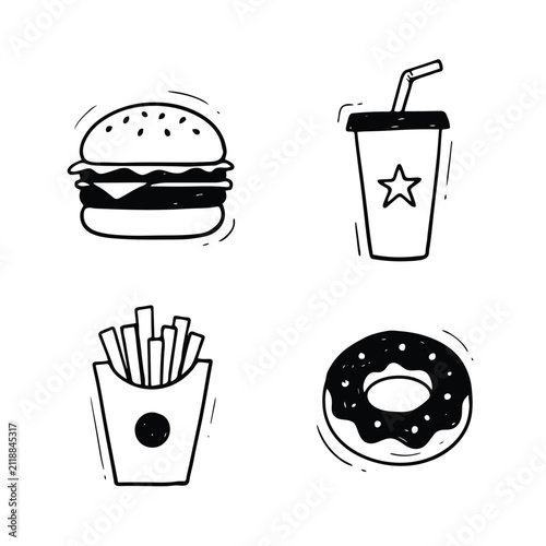 Canvastavla Dibujo a mano de comida rápida que incluye hamburguesa, papas fritas, bebida y d