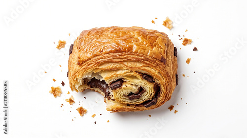 Fresh chocolate croissant with a bite. Flaky buttery pastry isolated on white background.