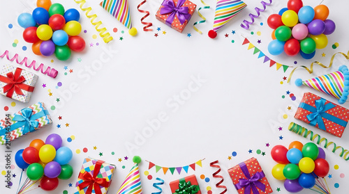 Colorful birthday party background with balloons, gifts, confetti, streamers and copy space for celebration invitations and greetings