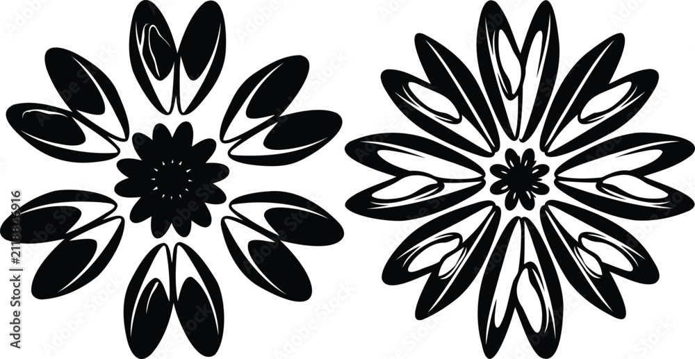 Fototapeta premium Two decorative black floral mandala flower shapes