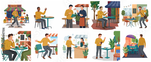 Flat vector illustration set of people at an outdoor cafe enjoying coffee, social gatherings, ordering food, and paying with a smartphone in a modern urban street setting.