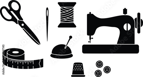 Black sewing tools and tailoring equipment icons set