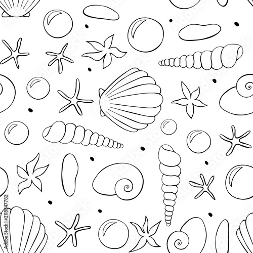 Outline Sea shells seamless pattern. Marine background with shellfishes, sinks, pebbles and starfishes. Beach holiday theme. Hand draw design for wrapping paper, wallpaper, coloring book